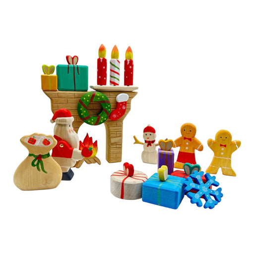 Handcrafted Open Ended Wooden Toy Holiday Set - 17 Pieces Christmas Set with 3 Candles
