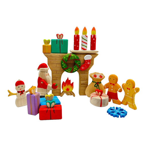 Handcrafted Open Ended Wooden Toy Holiday Set - 17 Pieces Christmas Set with 3 Candles