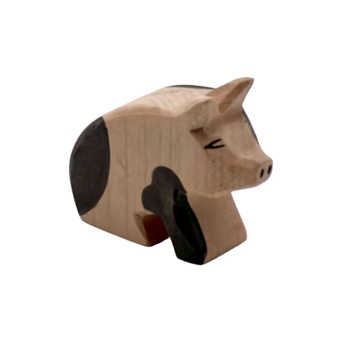 Handcrafted Open Ended Wooden Toy Farm Animal - Spotted Piglet sitting