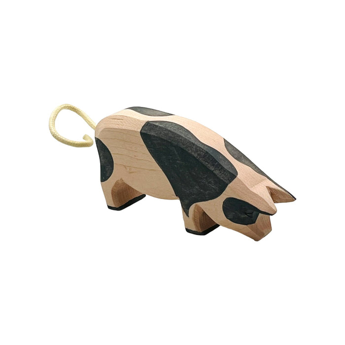 Handcrafted Open Ended Wooden Toy Farm Animal - Spotted Pig head low