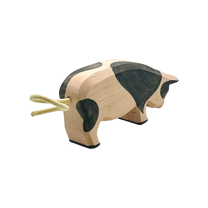 Handcrafted Open Ended Wooden Toy Farm Animal - Spotted Pig head low