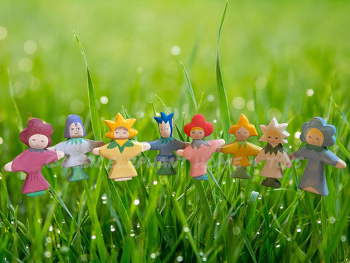 Handcrafted Open Ended Wooden Toy Figure - 8 Pieces Flower Children Set