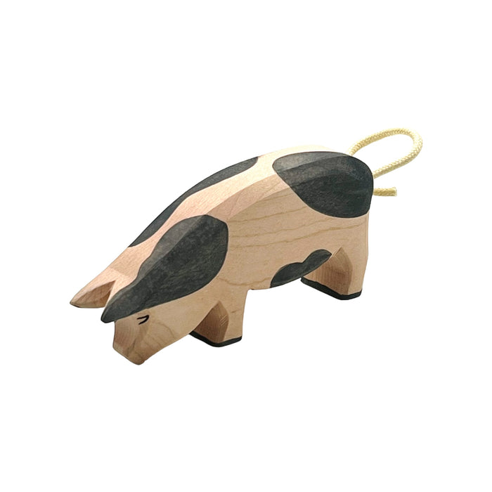 Handcrafted Open Ended Wooden Toy Farm Animal - Spotted Pig head low