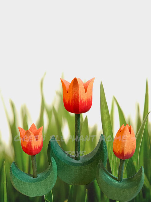 Handcrafted Open Ended Wooden Toy Tree and Landscaping - Tulip Flower Small Orange Close