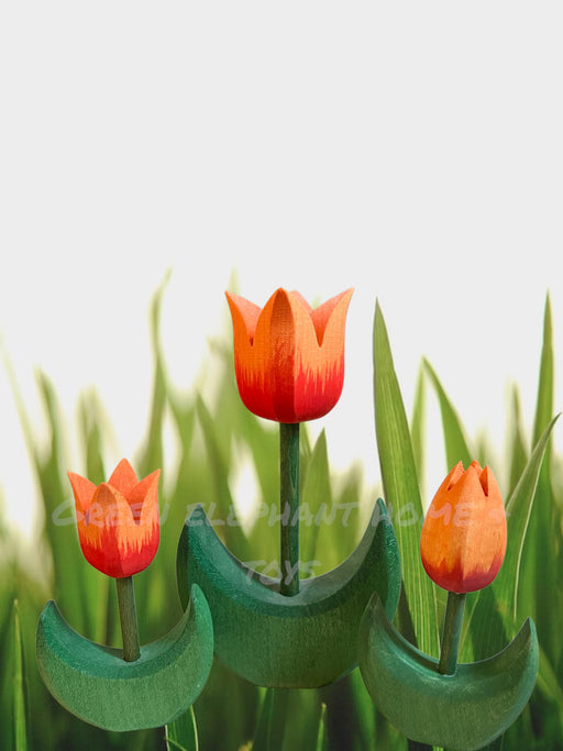 Handcrafted Open Ended Wooden Toy Tree and Landscaping - Tulip Flower Small Orange Bloom