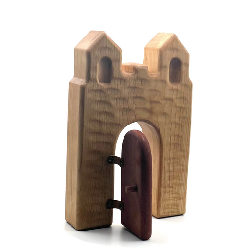 Handcrafted Open Ended Wooden Toy Castles - Twin Tower with Door