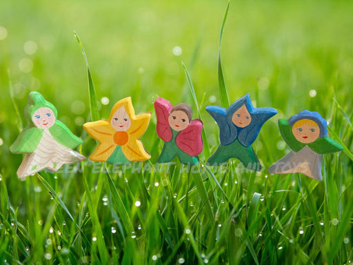 Handcrafted Open Ended Wooden Toy Figure - 5 Pieces Flower Children Set