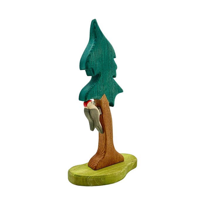 Handcrafted Open Ended Wooden Toy Tree and Landscaping - Spruce Tall with Woodpecker Set