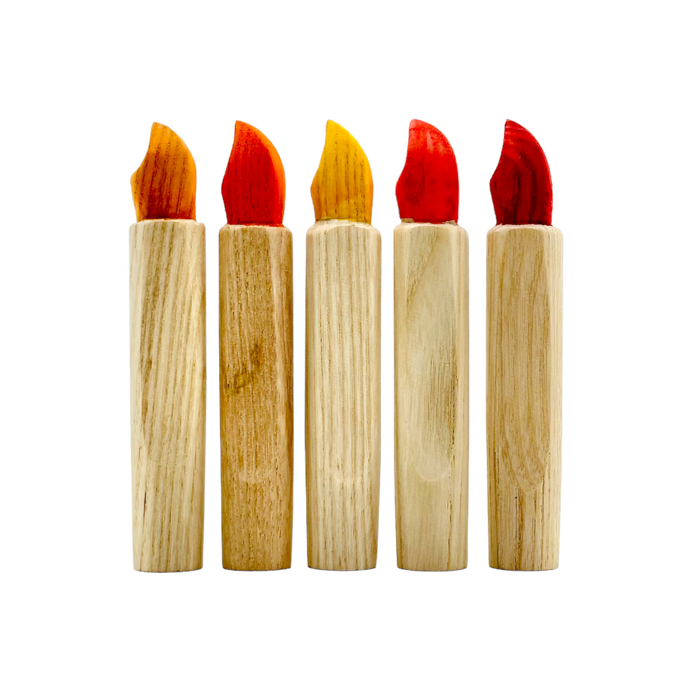 Handcrafted Open Ended Wooden Birthday Ring Ornament - Natural Candles Set with Red/Yellow Flame (5 Pcs)
