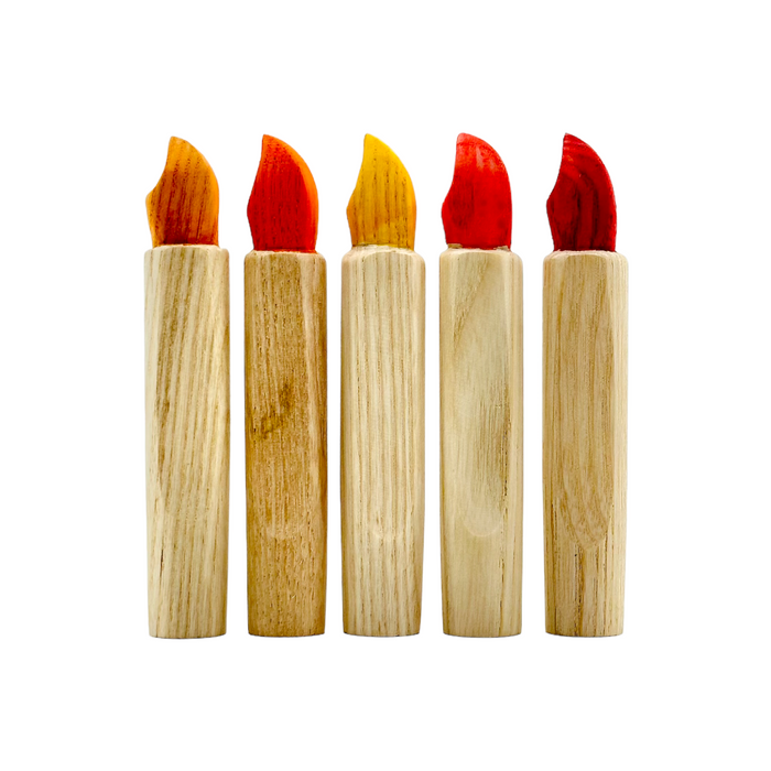 Handcrafted Open Ended Wooden Birthday Ring Ornament - Natural Candles Set with Red/Yellow Flame (5 Pcs)