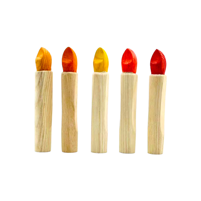 Handcrafted Open Ended Wooden Birthday Ring Ornament - Natural Candles Set with Red/Yellow Flame (5 Pcs)