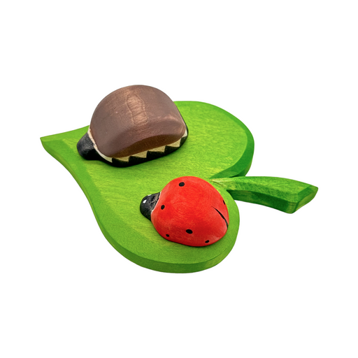 Handcrafted Open Ended Wooden Ladybug and Beetle on Leaf Set (3 Pcs)