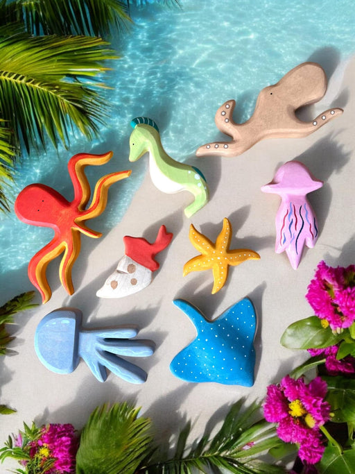 Handcrafted Open Ended Wooden Toy Animal - 8 Pcs Sea Animals Set