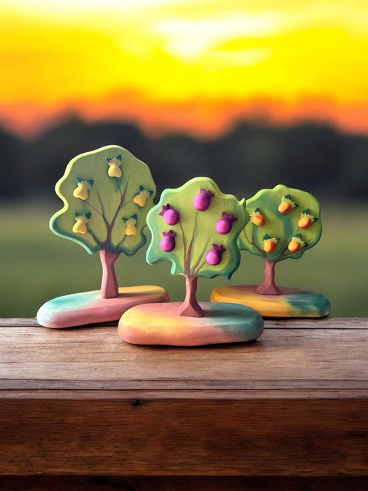 Handcrafted Open Ended Wooden Toy Tree and Landscaping - Pear Tree, Peach Tree, Pomegranate Tree