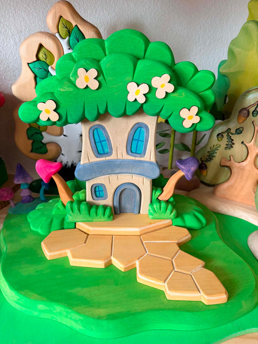 Enchanted Blossom Tree House – Handcrafted Wooden Fairy House with Stepping Stone Path