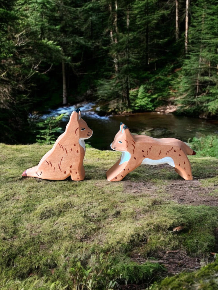 Handcrafted Open Ended Wooden Toy Animal - Sitting Lynx, Running Lynx