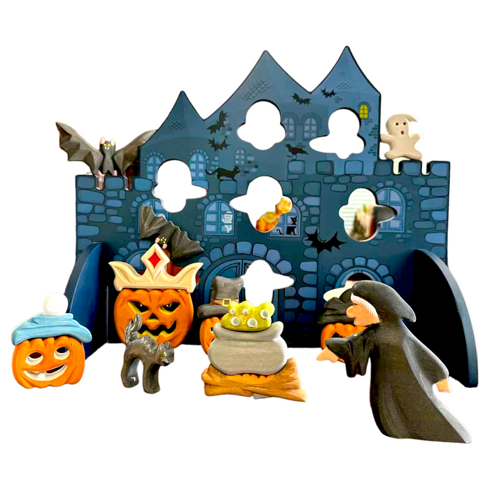 Handcrafted Open Ended Wooden Toy Holiday Set - 16 Pieces Halloween Set