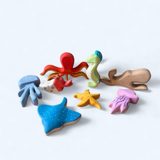 Handcrafted Open Ended Wooden Toy Animal - 8 Pcs Sea Animals Set