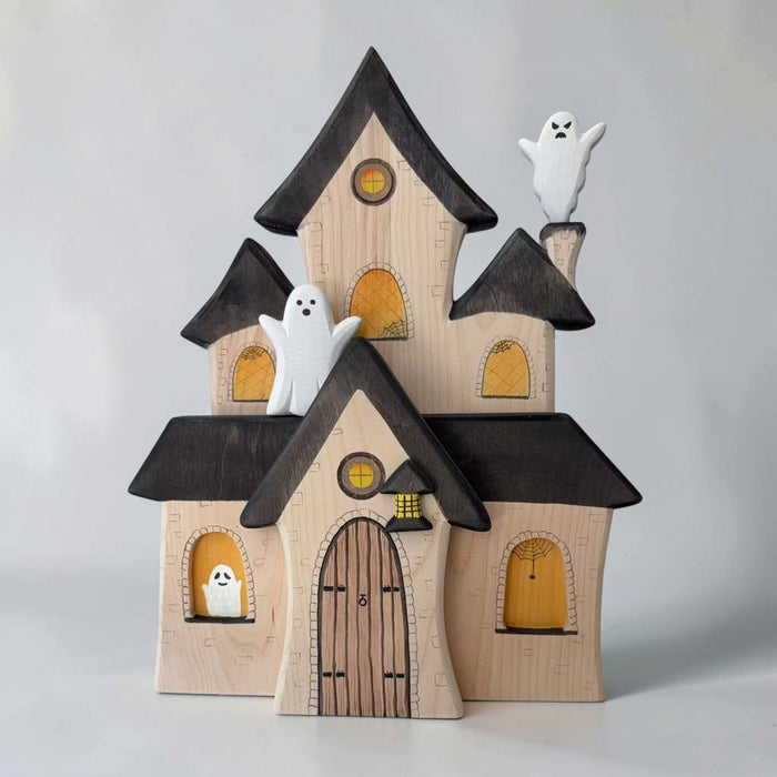 3-Piece Wooden Haunted House Set – Halloween Open-Ended Play | Spooky Village with Ghosts