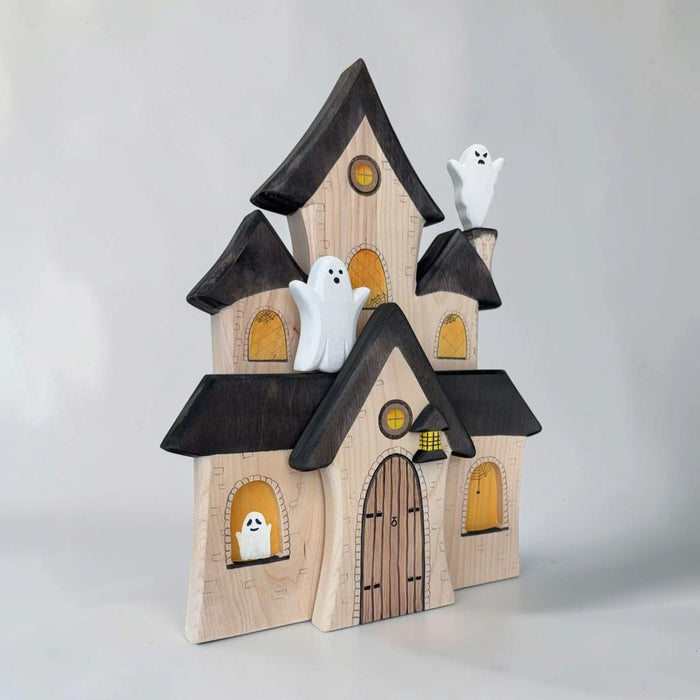 3-Piece Wooden Haunted House Set – Halloween Open-Ended Play | Spooky Village with Ghosts