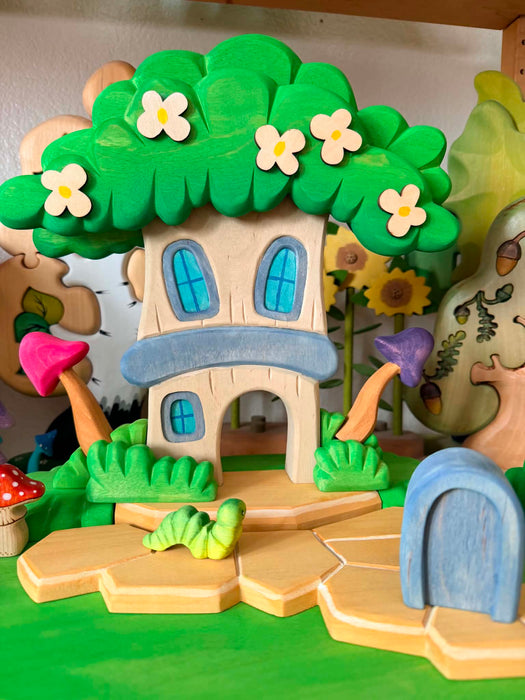 Enchanted Blossom Tree House – Handcrafted Wooden Fairy House with Stepping Stone Path