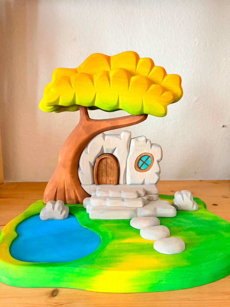 Enchanted Woodland Tree House – Handcrafted Wooden Fairy House with Pond & Stepping Stone Path