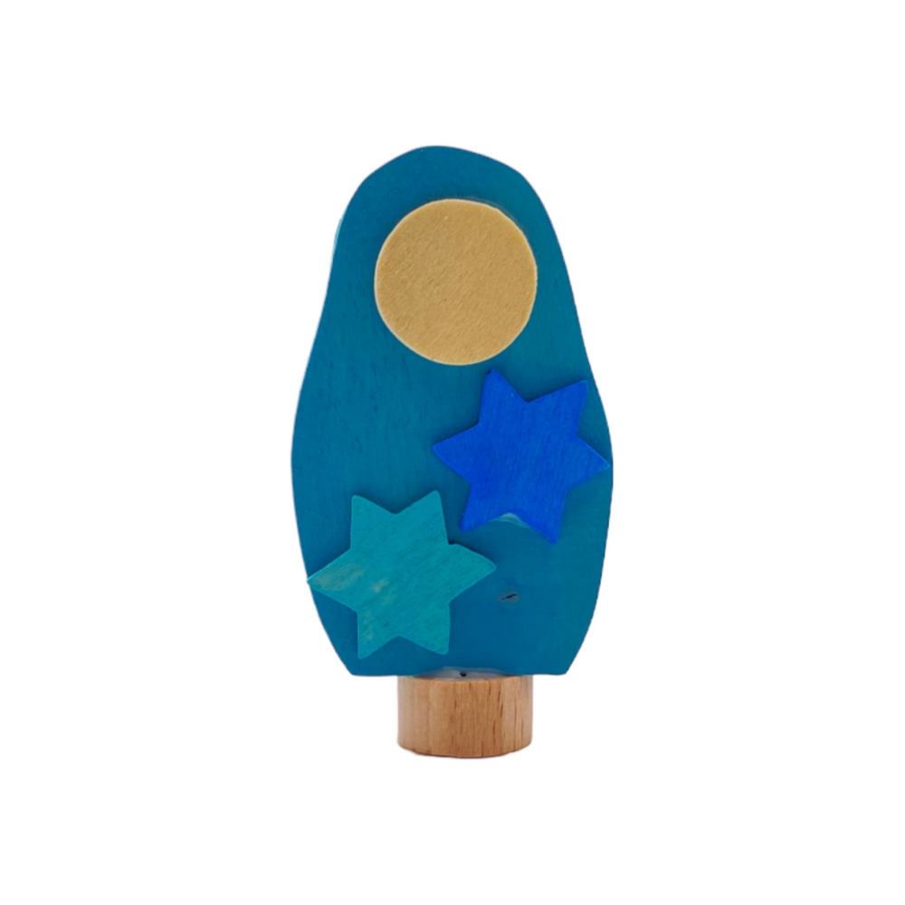 Handcrafted Open Ended Wooden Birthday Ring Ornament - Matryoshka Blue with Stars