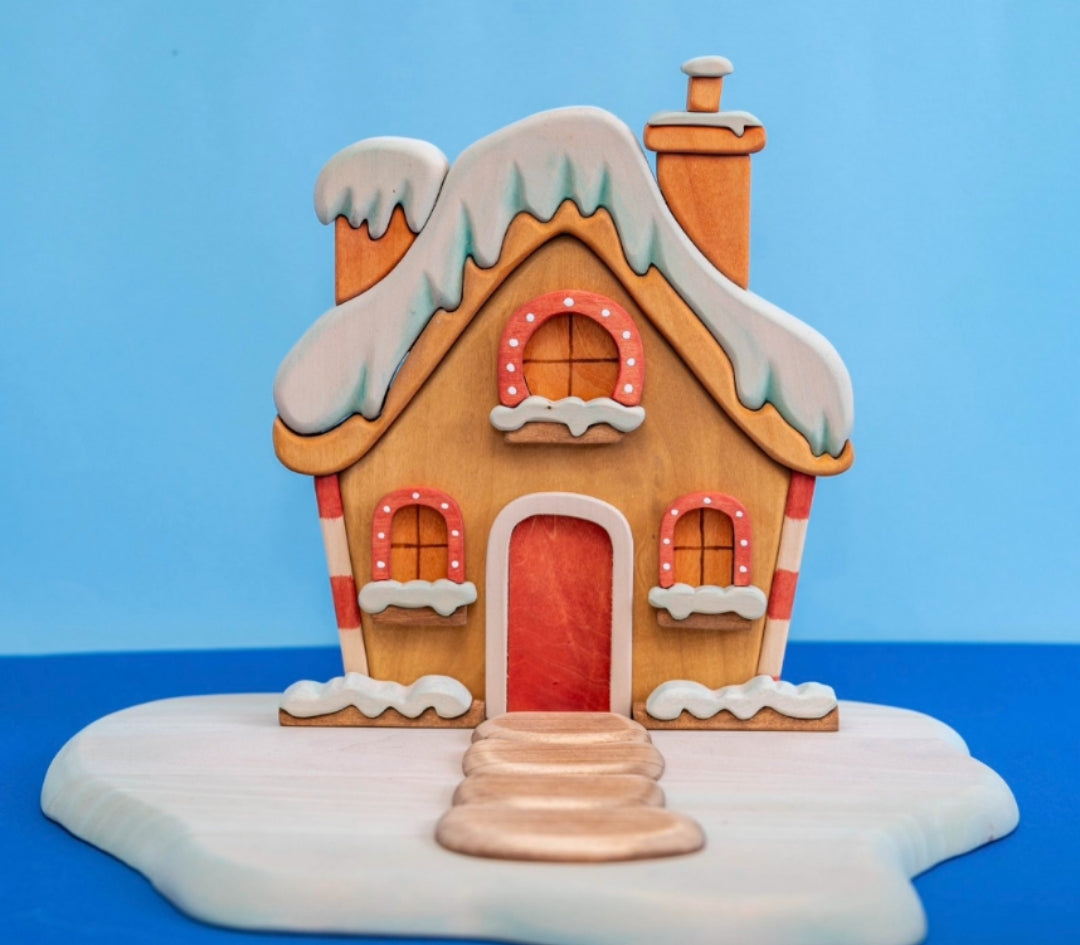 Handcrafted Wooden Christmas House with Base and Removable Parts