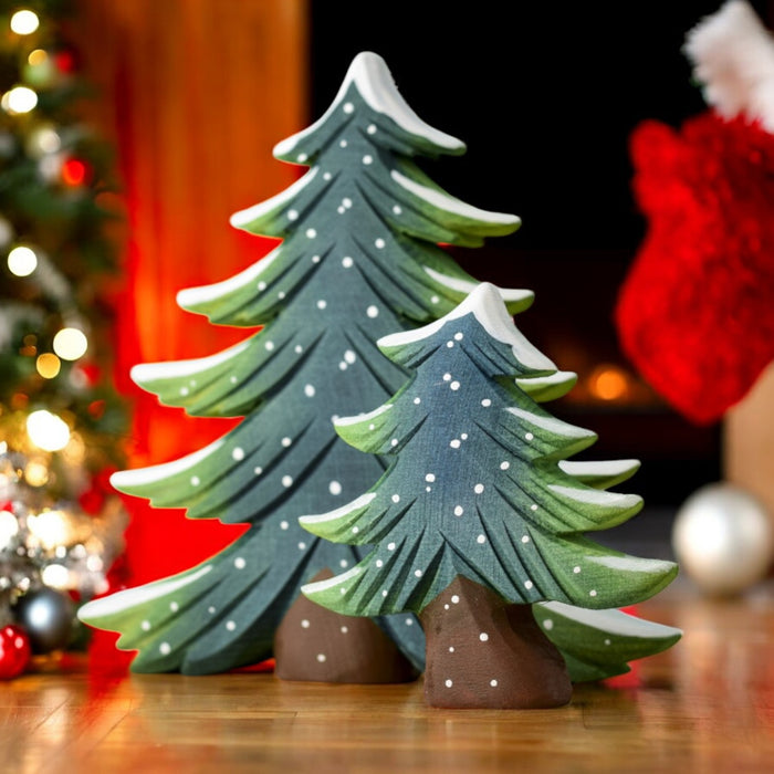 Handcrafted Open Ended Wooden Toy Tree and Landscaping - Snowy Fir Tree Set (2 Pcs)