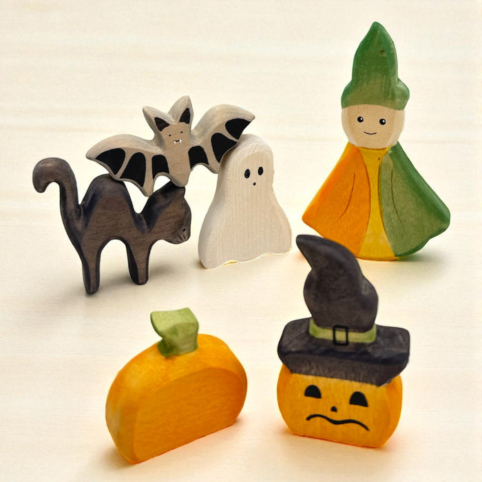 Handcrafted Open Ended Wooden Toy Holiday Set - 6 Pieces Sprite & Halloween Friends Set