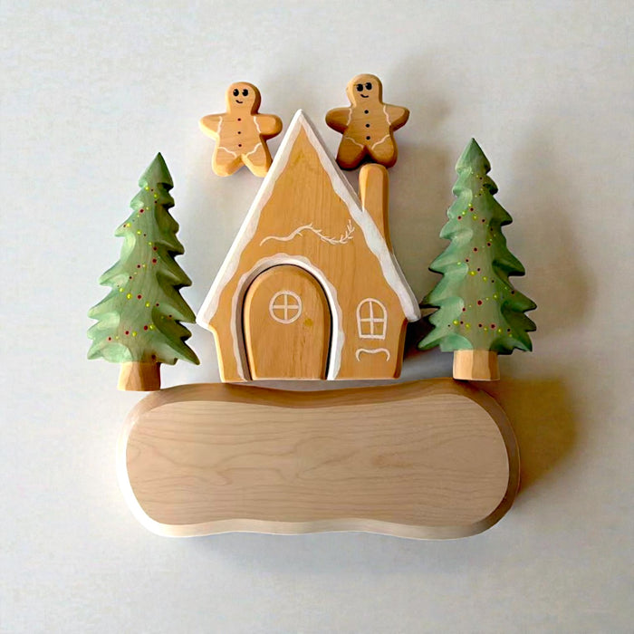 Wooden Gingerbread House Play Set – Winter Wooden Village with Trees & Gingerbread Figures