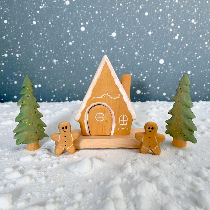Wooden Gingerbread House Play Set – Winter Wooden Village with Trees & Gingerbread Figures