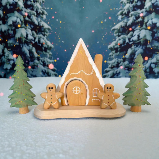 Wooden Gingerbread House Play Set – Winter Wooden Village with Trees & Gingerbread Figures
