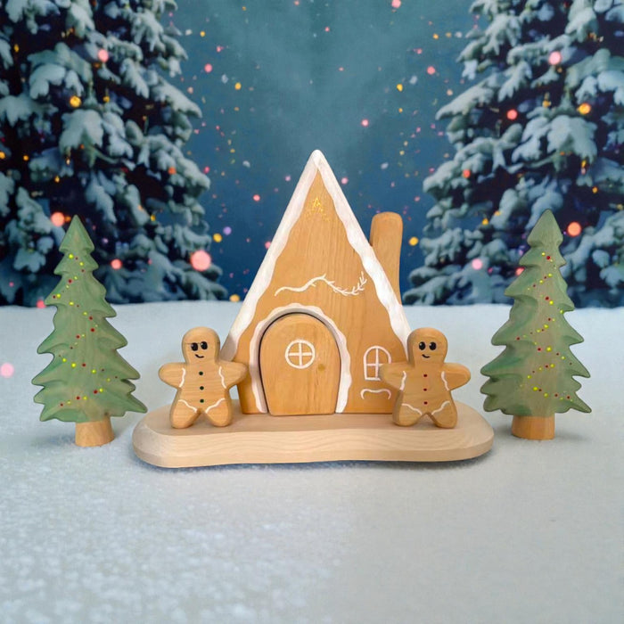 Wooden Gingerbread House Play Set – Winter Wooden Village with Trees & Gingerbread Figures