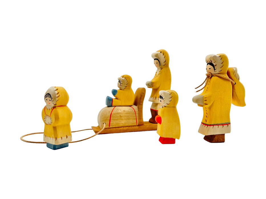 Handcrafted Open Ended Wooden Toy Figure Family - Inuit Eskimo Family Set of 7 Pieces