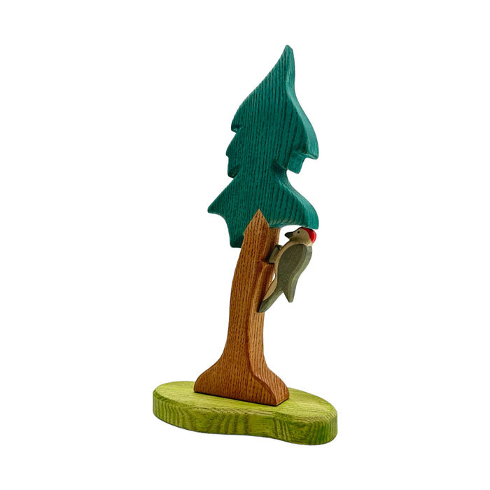 Handcrafted Open Ended Wooden Toy Tree and Landscaping - Spruce Tall and Base with Woodpecker Set