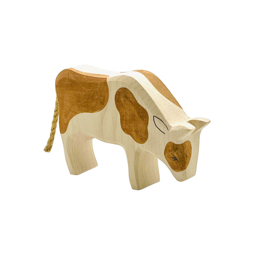 Handcrafted Open Ended Wooden Toy Farm Animal - Cow brown eating