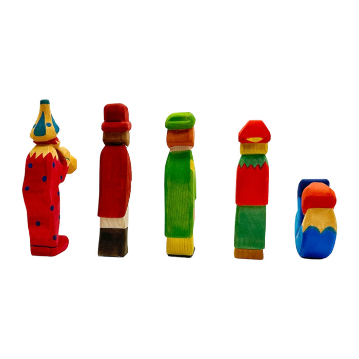 Handcrafted Open Ended Wooden Toy Figure Fairy Tale - 5 Pieces Clowns Circus Set