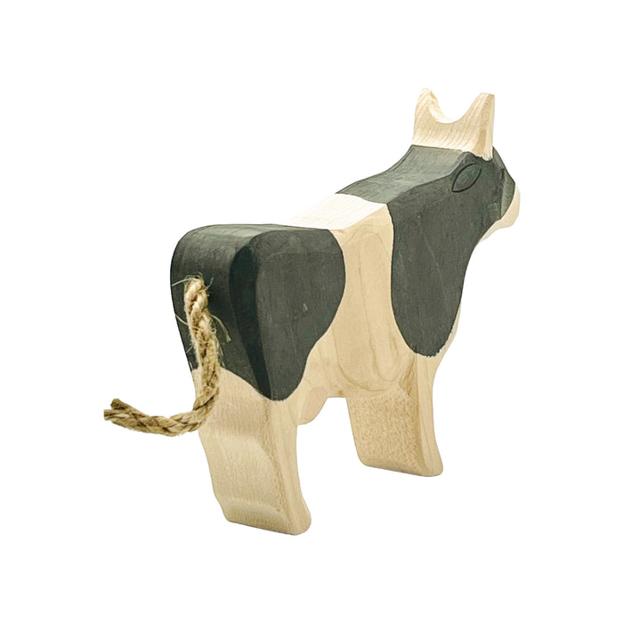 Handcrafted Open Ended Wooden Toy Farm Animal - Cow b&w standing