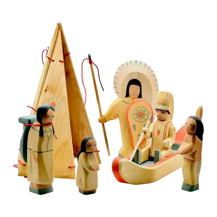 Handcrafted Open Ended Wooden Toy Figure Family -  Indigenous American Set of 8 Pieces