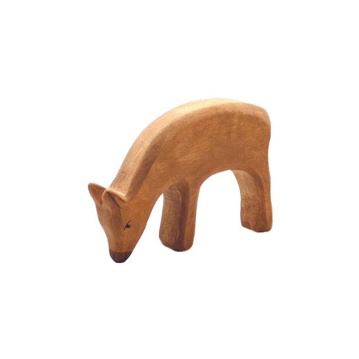 Handcrafted Open Ended Wooden Toy Animal - Red Deer eating