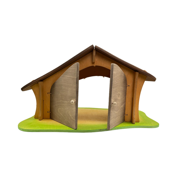 Handcrafted Open Ended Wooden Nativity Stable with Star and Bird Perch