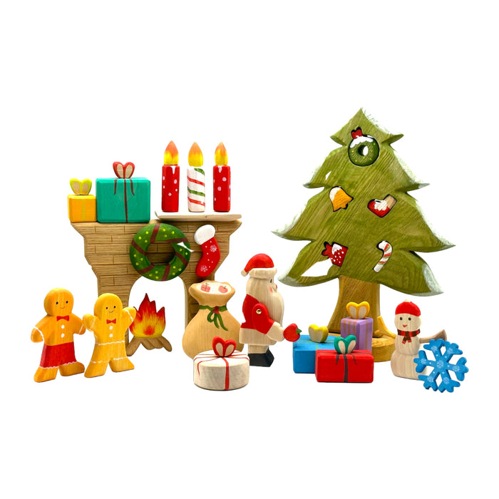 Handcrafted Open Ended Wooden Toy Holiday Set - 17 Pieces Christmas Set with 3 Candles (Christmas Tree Sold Separately)