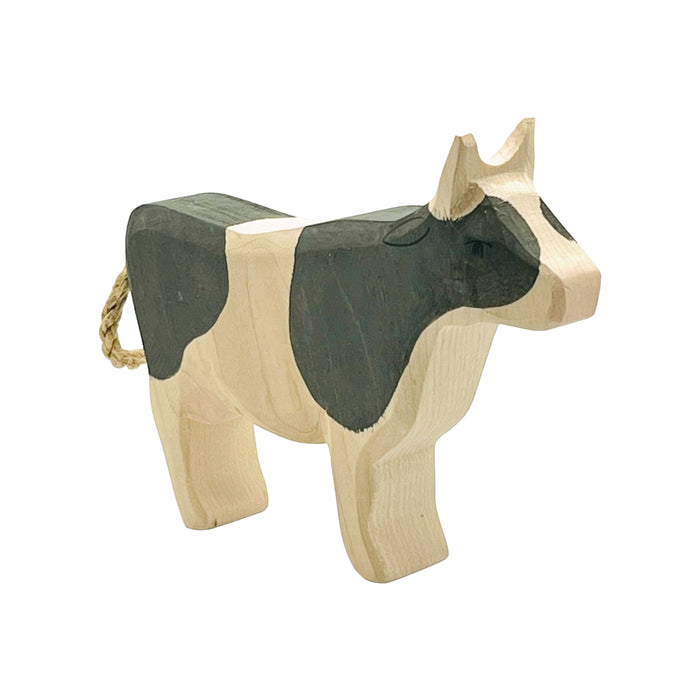 Handcrafted Open Ended Wooden Toy Farm Animal - Cow b&w standing