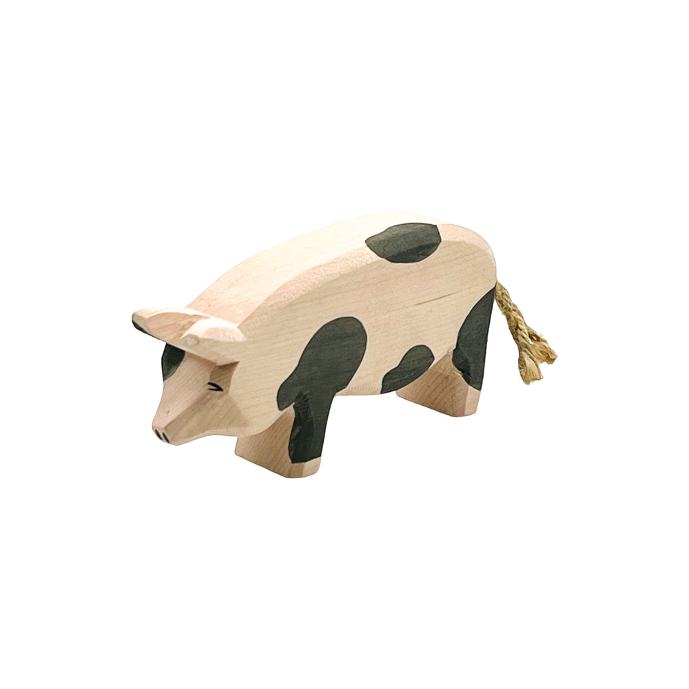 Handcrafted Open Ended Wooden Toy Farm Animal - Spotted Pig head high