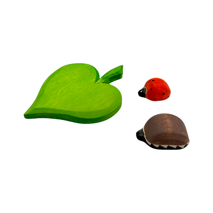 Handcrafted Open Ended Wooden Ladybug and Beetle on Leaf Set (3 Pcs)
