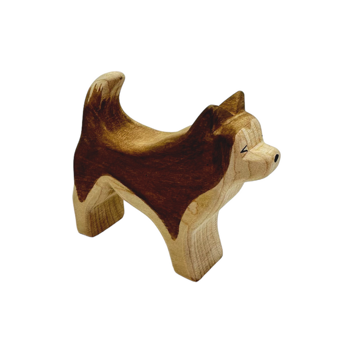 Handcrafted Open Ended Wooden Toy Farm Animal - Sled Running Husky Dog (Brown)